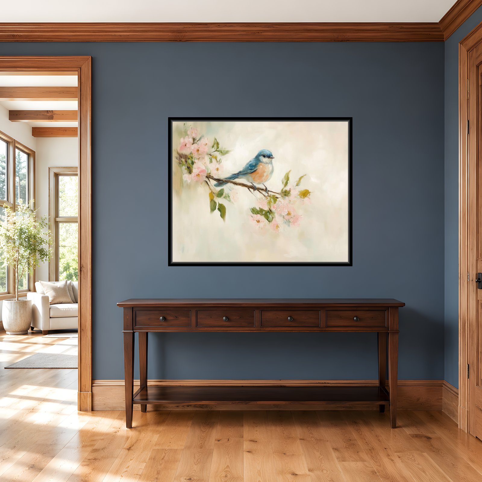 Bluebird artwork with a frame variation in a Traditional entryway